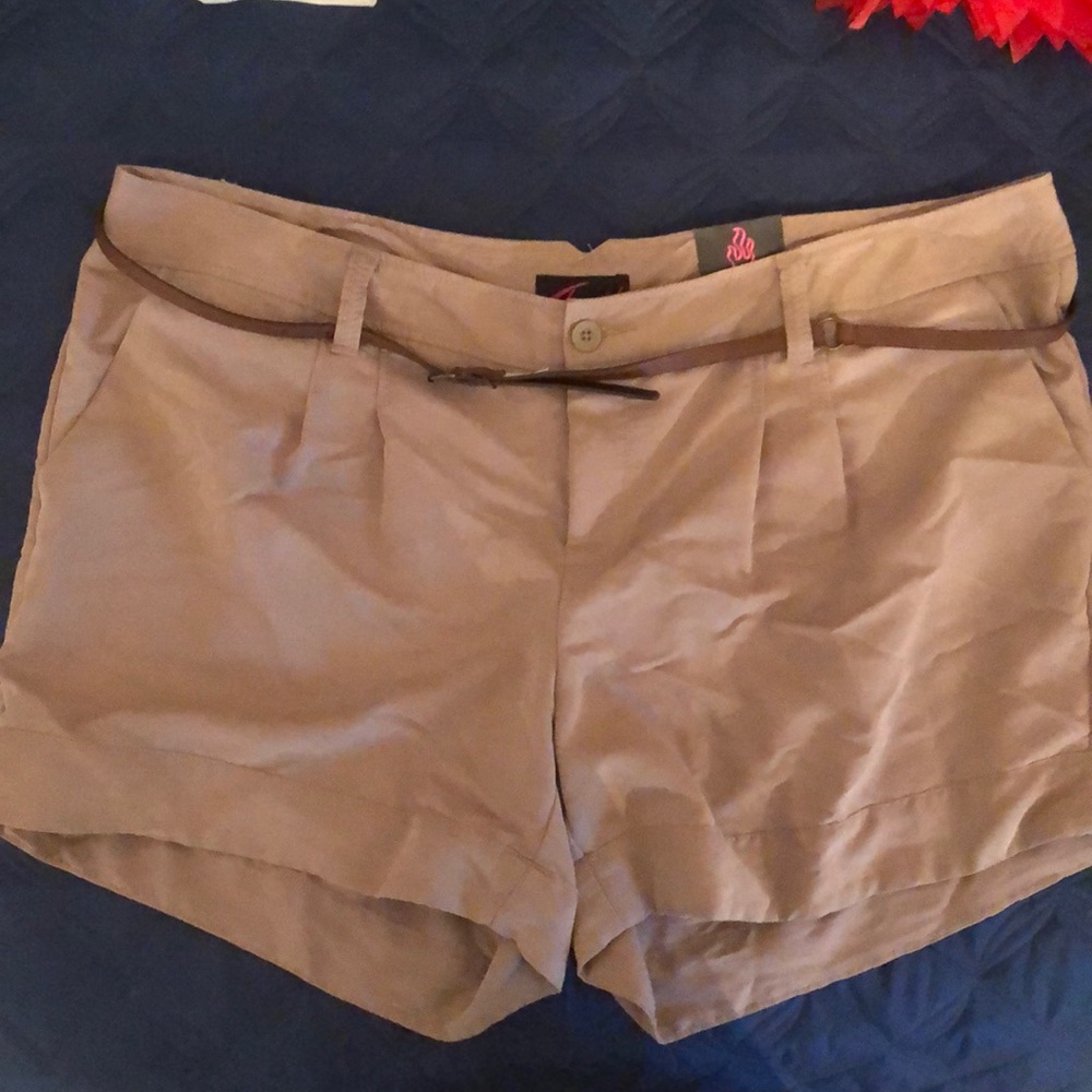 Tan belted rayon shorts